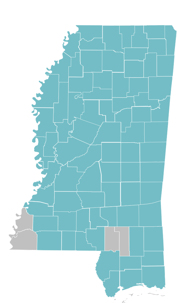 Map of the state of Mississippi that shows which counties are covered by Shared Health Dual Plus Map of the state of Mississippi that shows which counties are covered by Shared Health Dual Plus